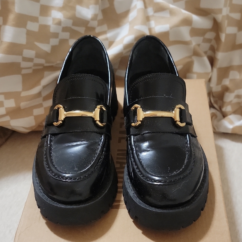 Steve Madden Black Patent Loafers with Gold Bit